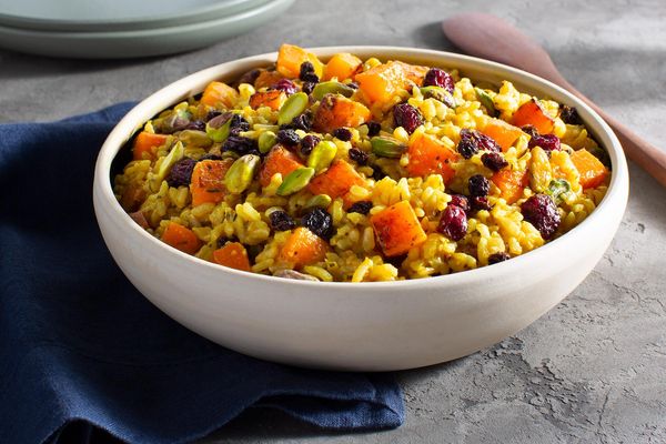Butternut squash, pistachios, and cranberries with spiced brown rice