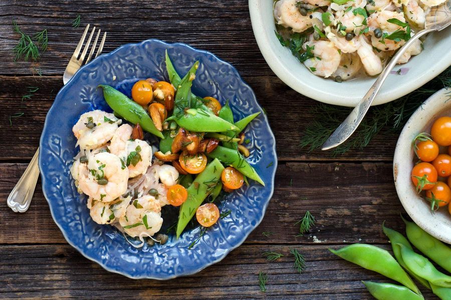 Shrimp piccata with Romano bean and tomato salad