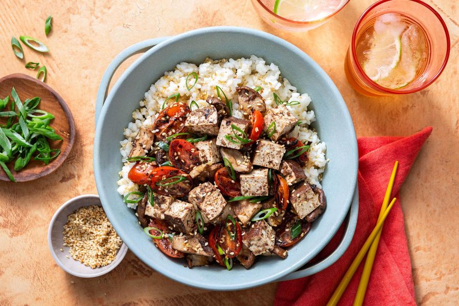 Braised tofu and shiitake stir-fry with black bean sauce over rice