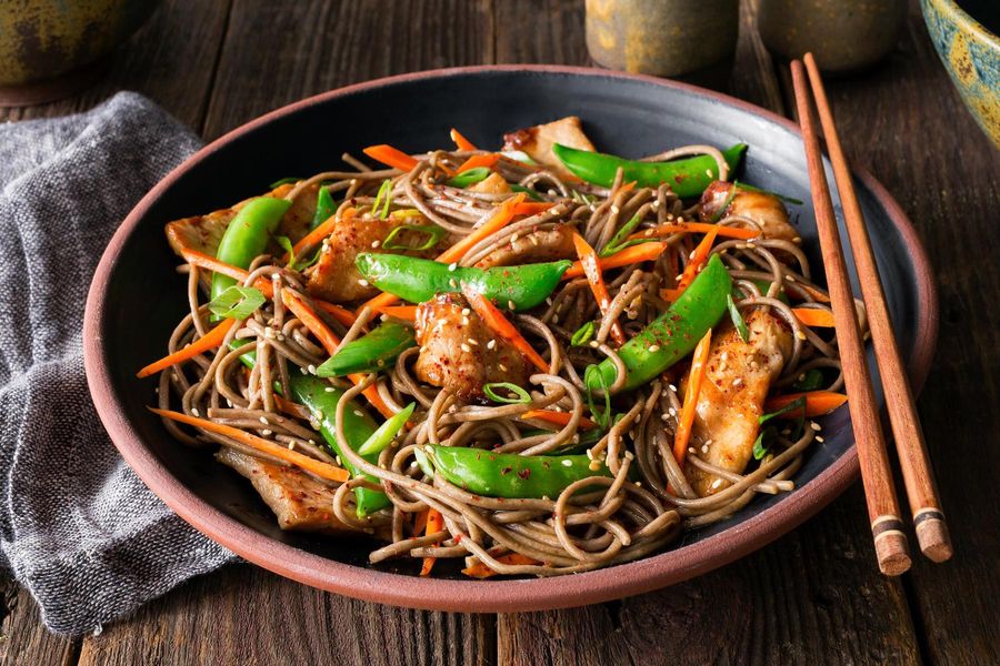 Stir-fried pork with snap peas and soba noodles