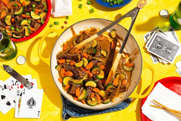 Steak and vegetable stir-fry with cashew-plum sauce