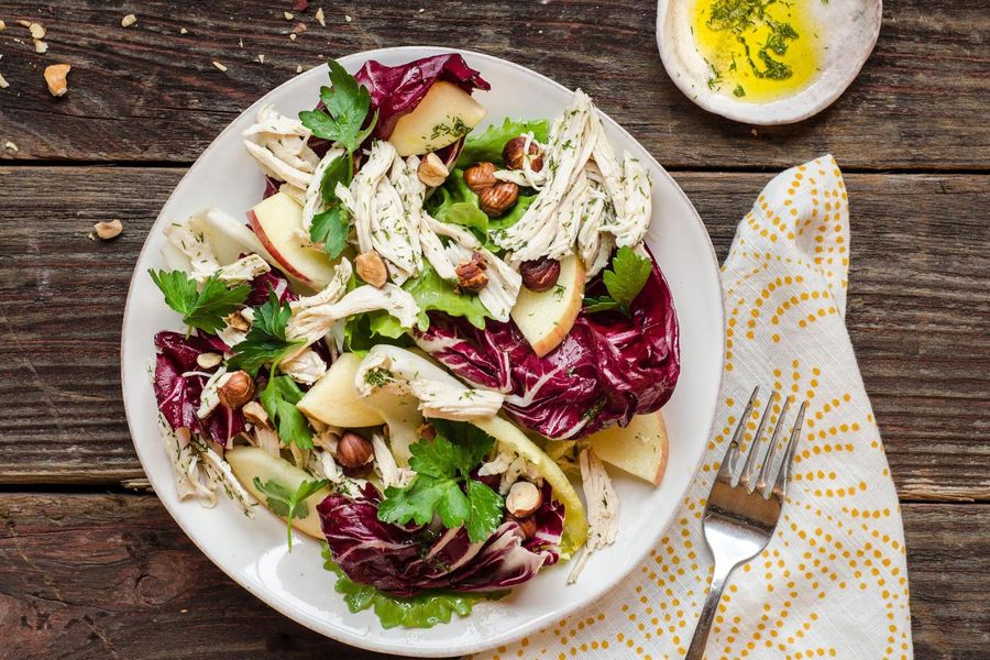Chicken and chicory salad with dill and toasted hazelnuts
