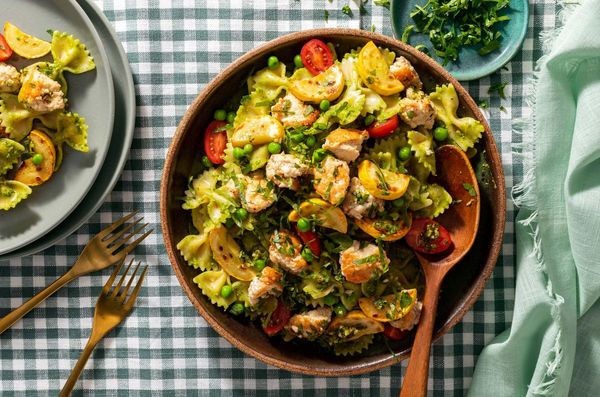 Farfalle with ground beef, yellow squash, and arugula-pistachio pesto