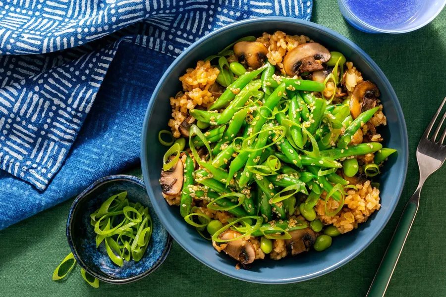 Japanese mushroom rice with green beans in sesame dressing