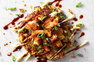 Okonomiyaki savory pancakes with smoky flaked sole