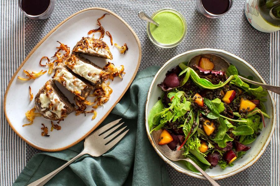 French onion meatloaf with lentil and plum salad