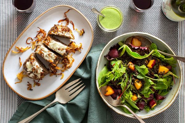 French onion meatloaf with lentil and plum salad