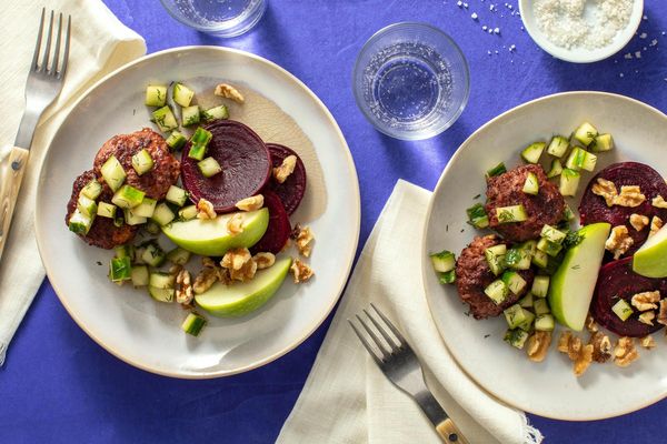Turkey-apple patties with beet salad and cucumber salsa