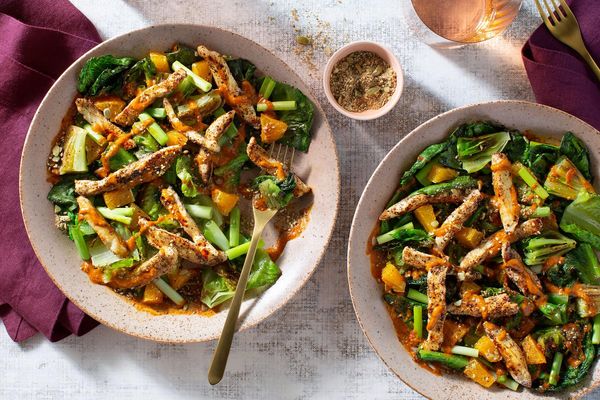 Seared romaine with sumac chicken, orange, and pumpkin seed dukkah