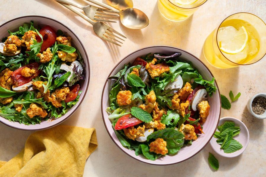 Turkey larb salad with mushrooms, tomatoes, and fresh mint