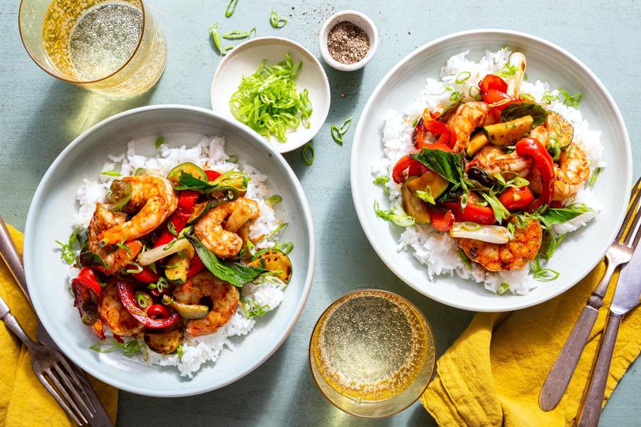 Rainbow stir-fry with Thai basil, bell pepper, and jasmine rice