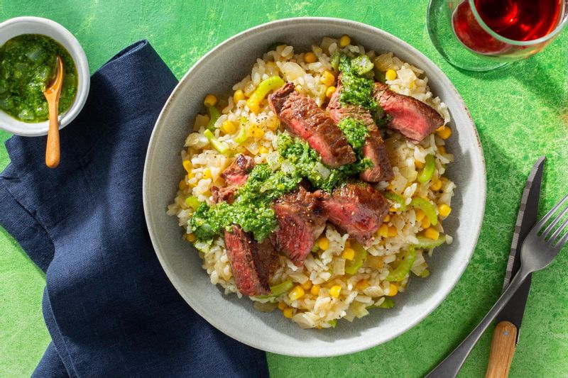 Top Sirloin Steaks With Tarragon-Basil Pistou Over Fresh Corn Risotto | Sunbasket