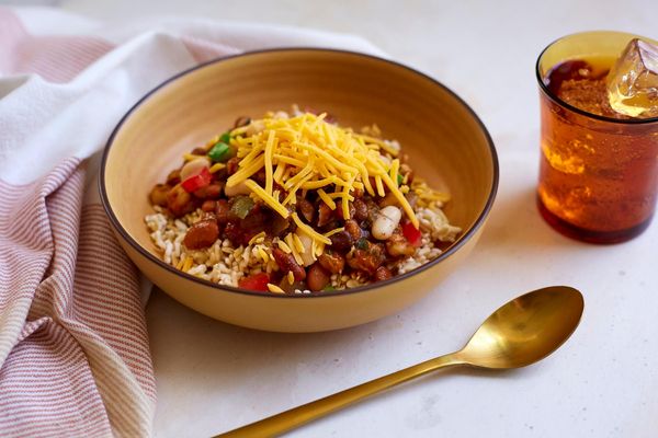 Three bean chili with brown rice and cheddar cheese