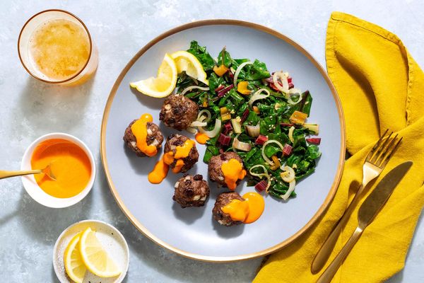 Mediterranean meatballs with chard and red pepper–cashew crema