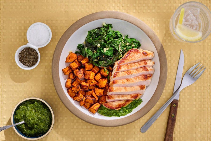 Harissa sweet potatoes and your choice of protein with chimichurri