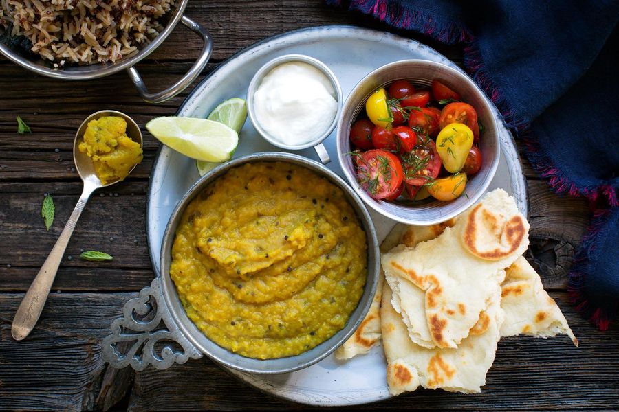 Red lentil dal with baharat rice, yogurt, and naan