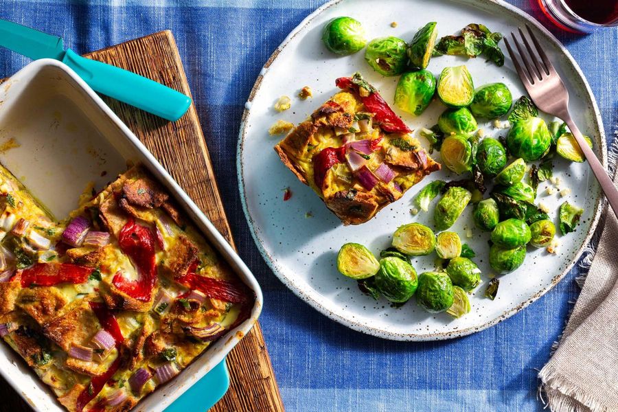Red pepper and onion strata with roasted Brussels sprouts