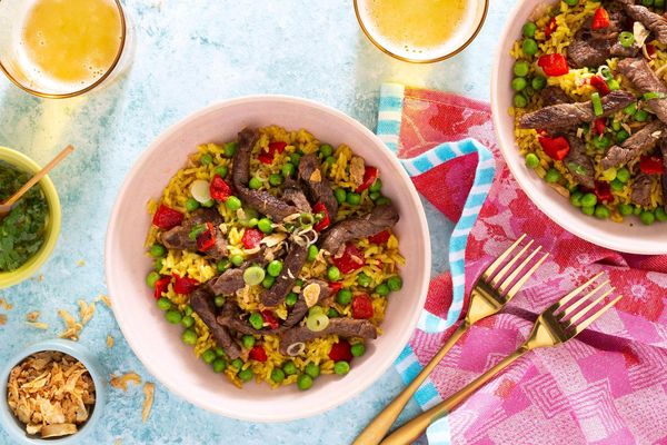 Biryani-style tofu fried rice with ginger chutney