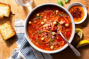 Turkish vegetable soup with chickpeas, red rice, and toasted ciabatta