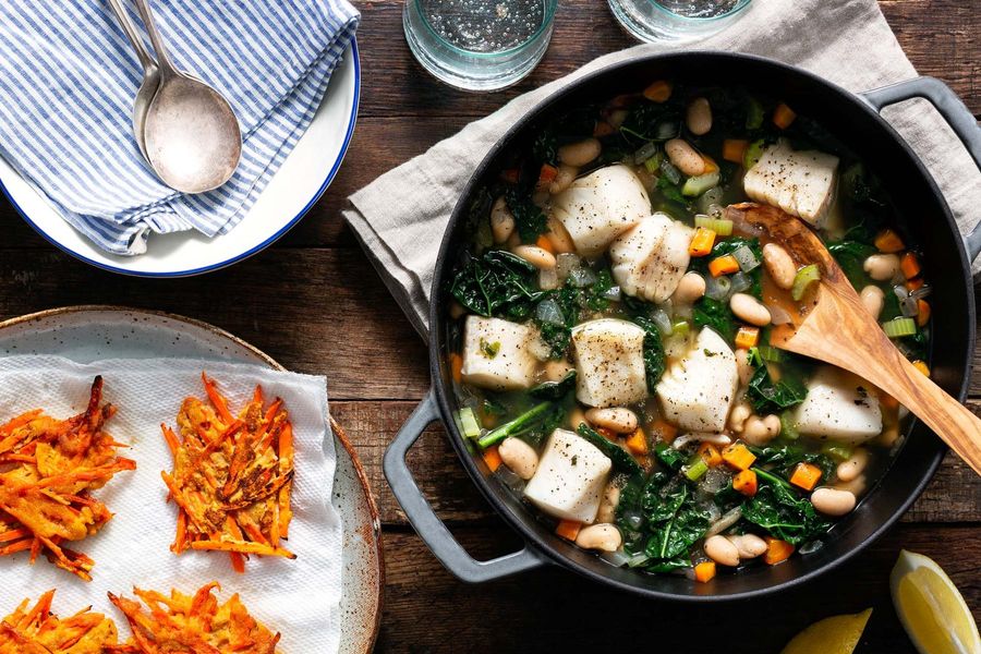 Greek fasolada with cod and carrot fritters