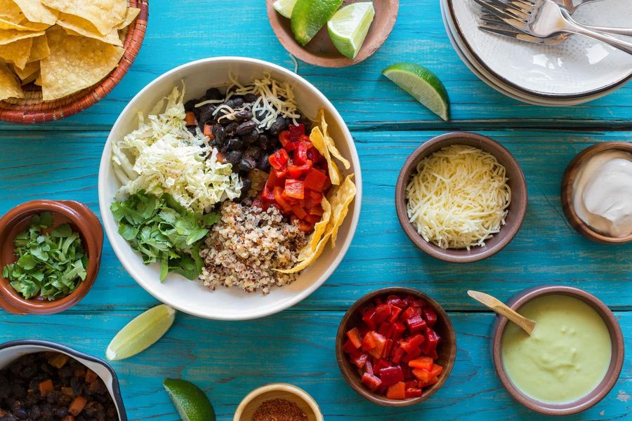 Black bean burrito bowls with avocado crema