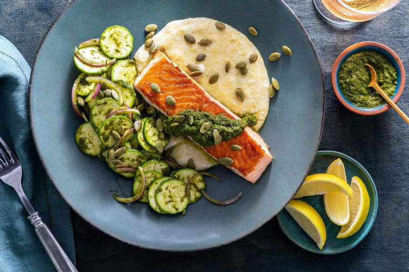 Salmon with Ricotta Polenta, Spicy Green Harissa, and Lemony Zucchini | Sunbasket
