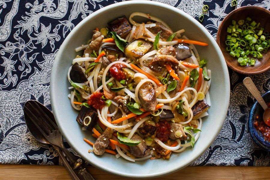 Pork and eggplant stir-fry with rice noodles and kimchi