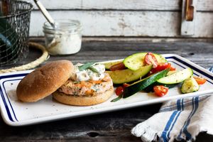 Easy salmon burgers with seared summer squash and tomatoes