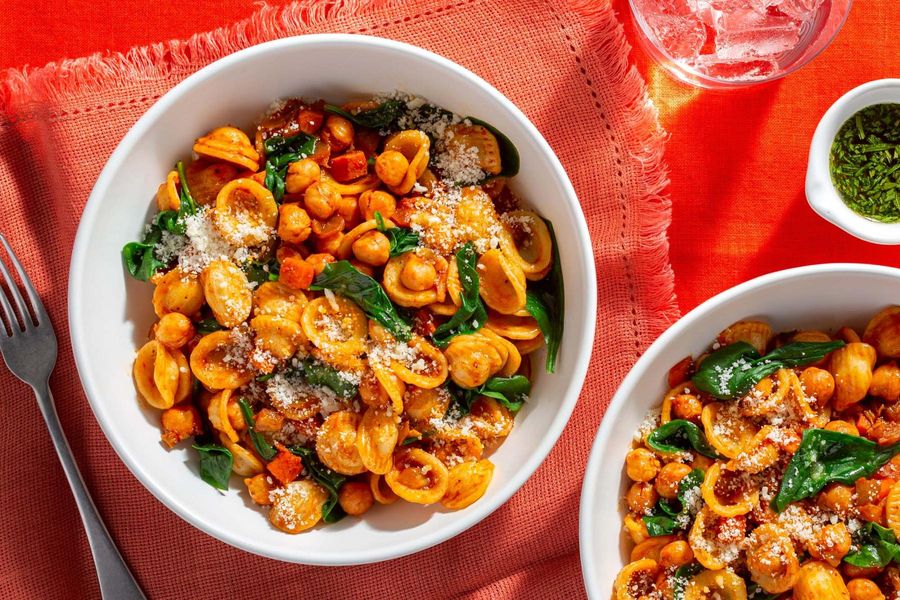 Roman orecchiette and chickpeas with spinach and rosemary-garlic oil