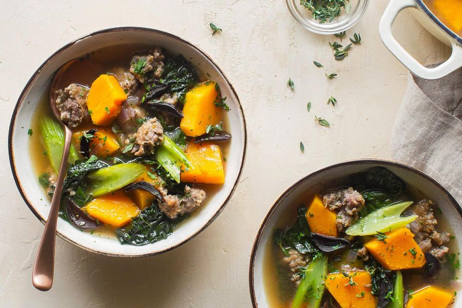 Italian sausage and kale soup with butternut squash and black garlic