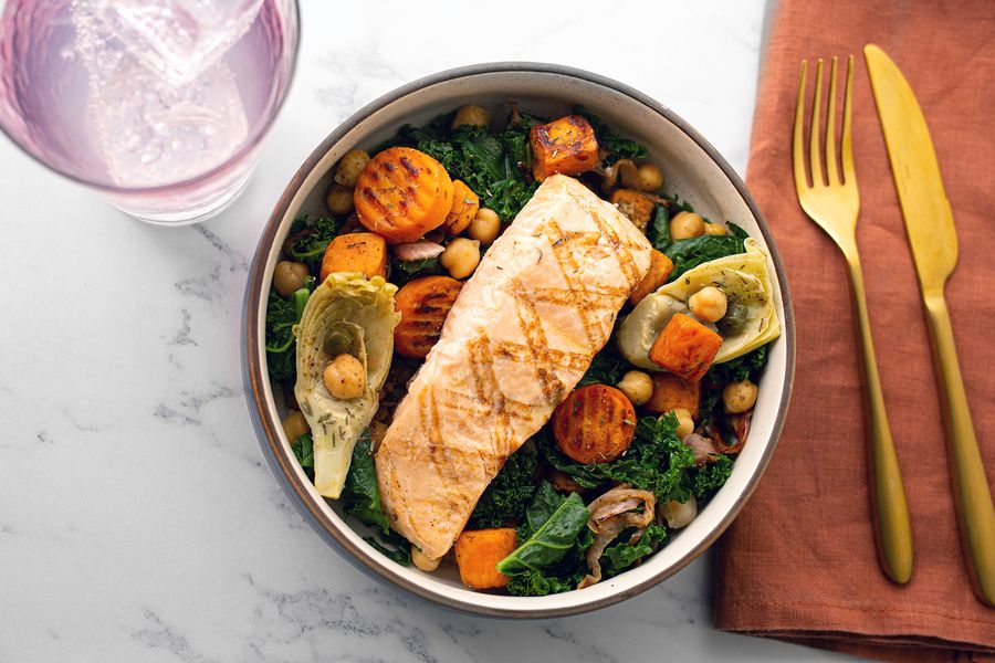 Mediterranean salmon bowl with sweet potatoes and chickpeas