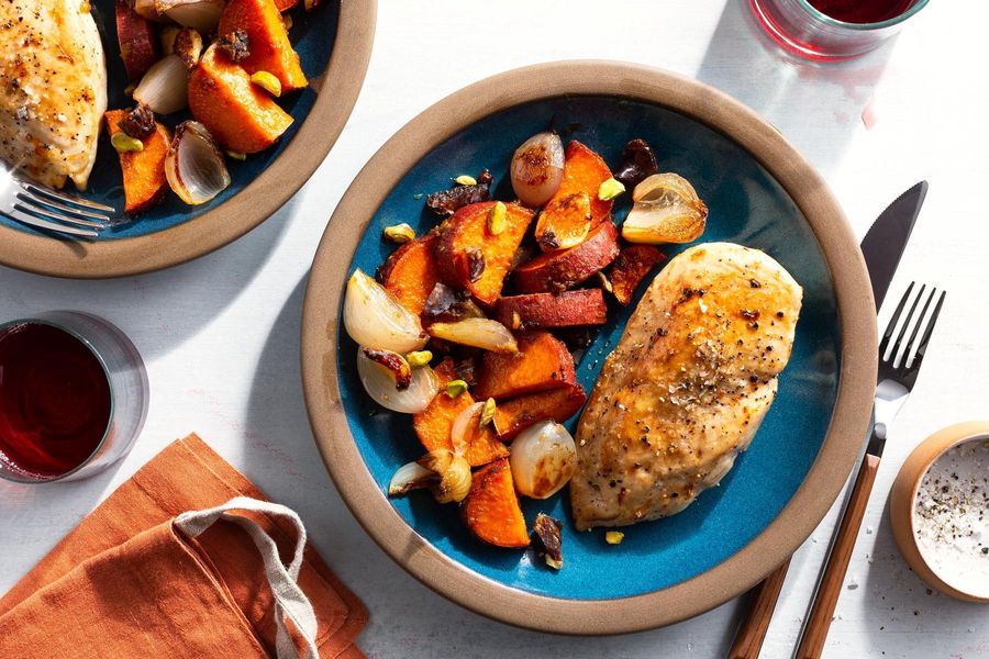 Sheet pan chicken and sweet potato with dates and pistachios