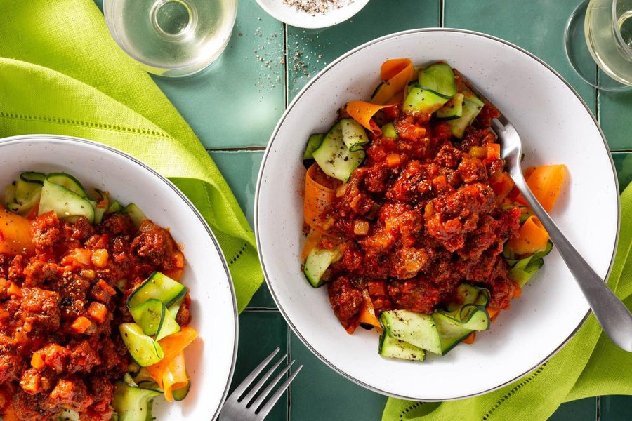 Bolognese over zucchini and carrot ribbons