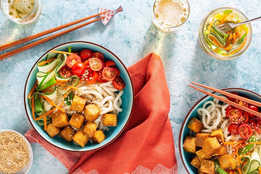 Udon noodle salad with gingered tofu and pickled vegetables