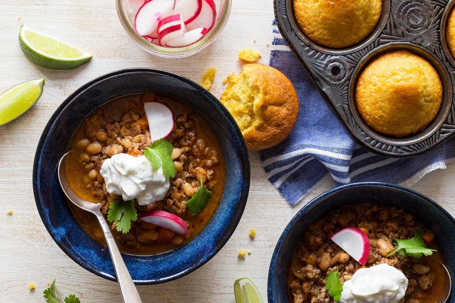 Turkey and white bean chili with cornbread