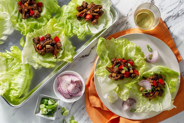 Chinese-style pork lettuce wraps with water chestnuts and pickled daikon