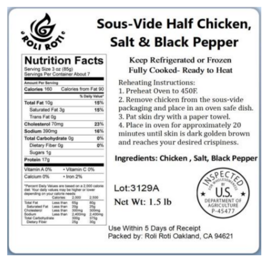 Sous Vide Half Chicken Seasoned with Salt and Pepper Nutrition