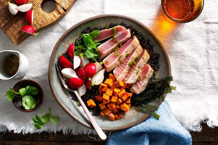 Seared Tuna and Black Rice Bowls with Roasted Sweet Potato and Nori image