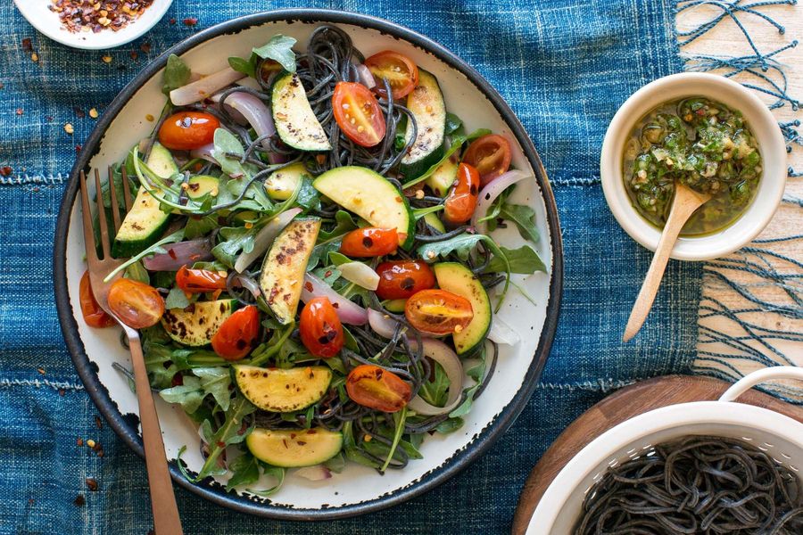 Black bean spaghetti with ratatouille and gremolata