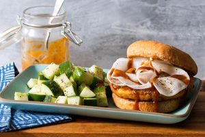 Korean BBQ tofu burgers with pickled turnips and cucumber salad