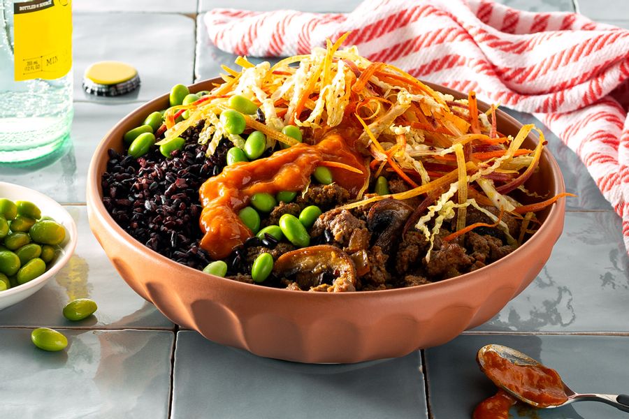 Beef and mushroom bowl with black rice and mango bibimbap sauce