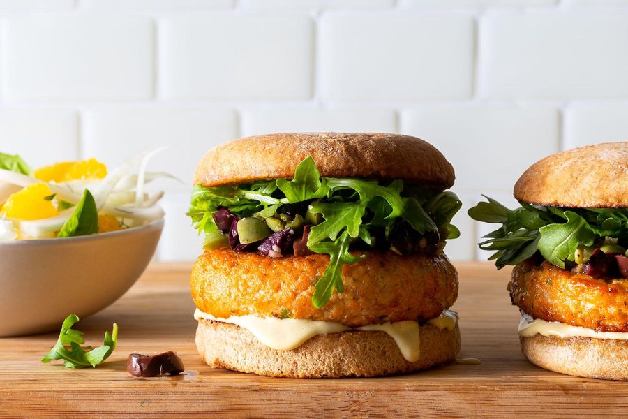 Salmon burgers with olive tapenade and fennel-orange salad