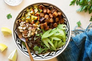 Black lentil and eggplant bowls with plum relish