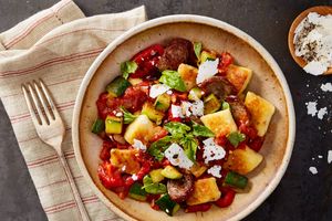 Gnocchi pomodoro with Italian sausage, zucchini, and ricotta salata