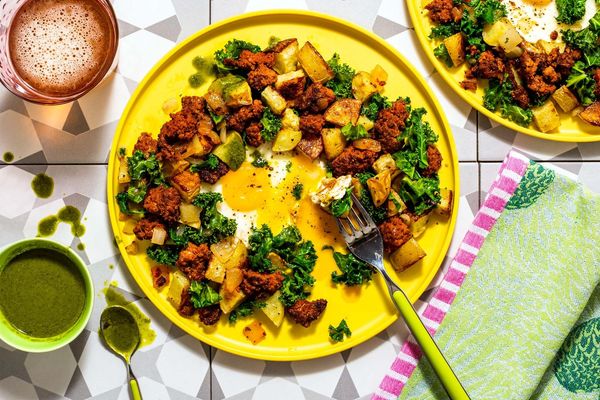 Turkey hash with kale, eggs, and spicy green harissa