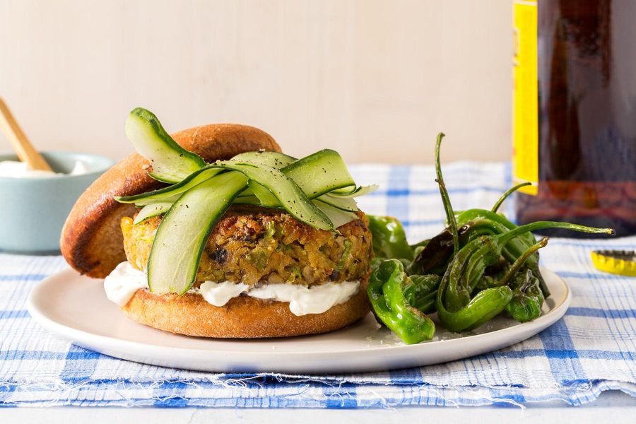 Falafel burgers with yogurt, cucumber, and charred shishito peppers