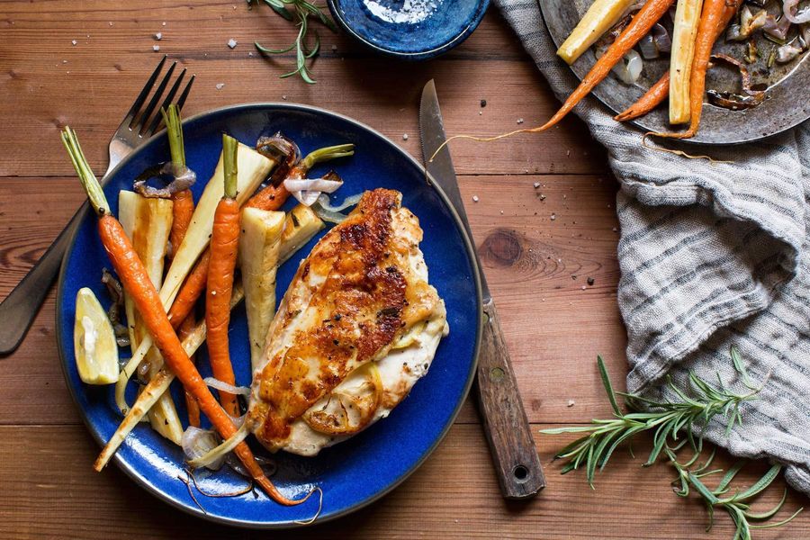 Chicken breast with honey-roasted parsnips and carrots