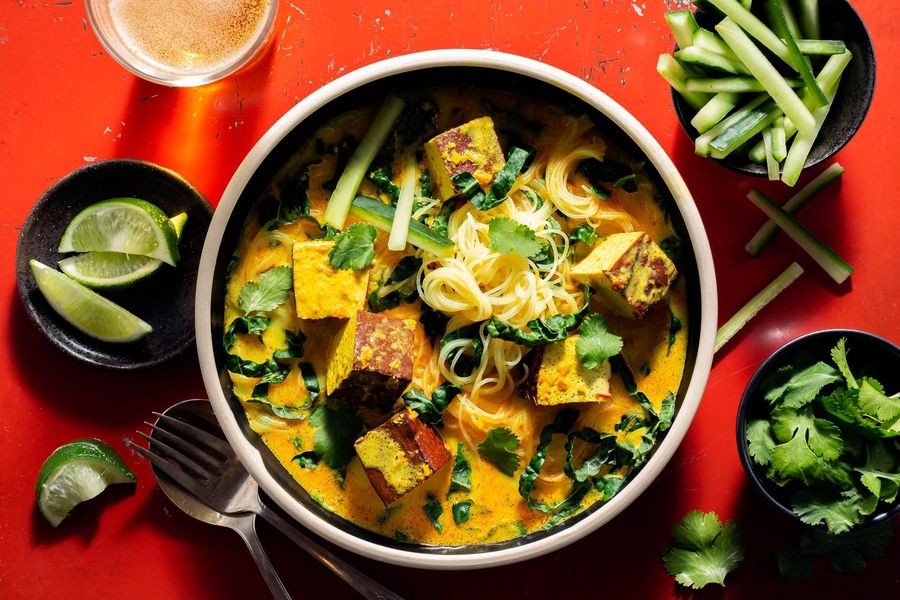 Singaporean laksa with kale, vermicelli, and braised tofu