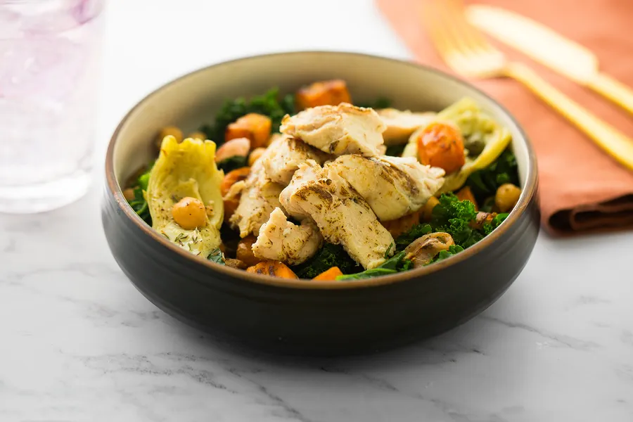 Mediterranean chicken bowl with sweet potatoes and chickpeas