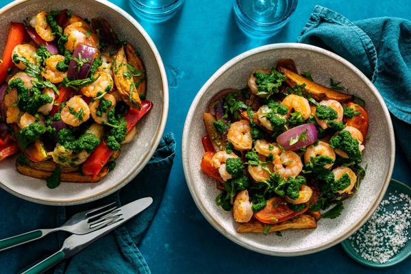 Peruvian lomo saltado with beef, tomatoes, and spicy chimichurri